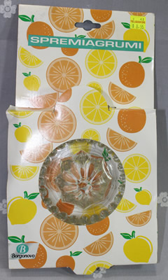 A packaged Borgonovo Italy clear glass juicer