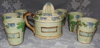 Back of blue thatch roof cottage juicer set with 6 tumblers