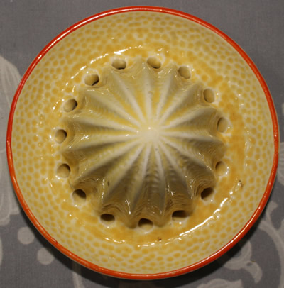 Yellow 2 piece Crown Devon peel texture "Lucky - Devonshire Pixies from Ilfracombe" juicer insert