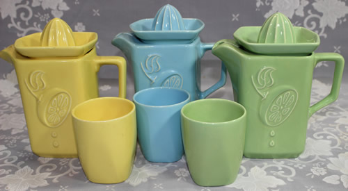 Three colours of the Diana (Australia) juicer sets including tumblers