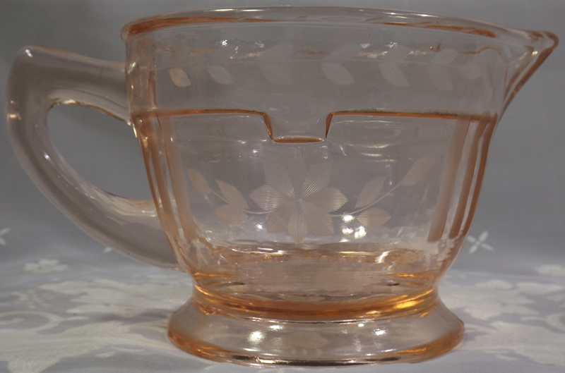 Etching on pink US Glass Company 2 piece juicer