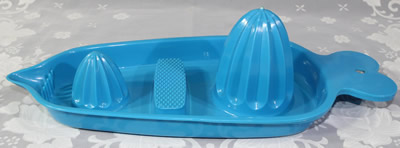 A 2 cone blue plastic juicer with heart shape handle